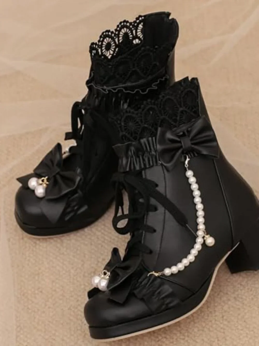 Chunky Mid Heel Ankle Boots Bow Platform Lace Up Booties with Pearl